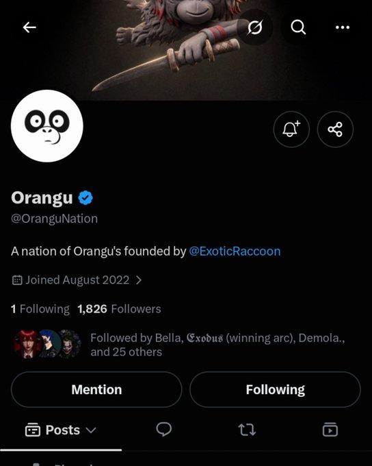 A profile page for 'Orangu' (@OranguNation) on X, describing it as 'A nation of Orangus founded by @ExoticRaccoon' with 1,826 followers.