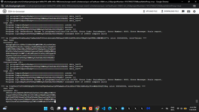 The image shows a terminal window displaying streaming data with block IDs (slot 358840004 and 358840006) containing real Solana transactions including signatures like "tx YqbjUb...DLH" and account addresses, demonstrating successful decoding of mainnet historical data from the Jetstreamer pipeline into ClickHouse.
