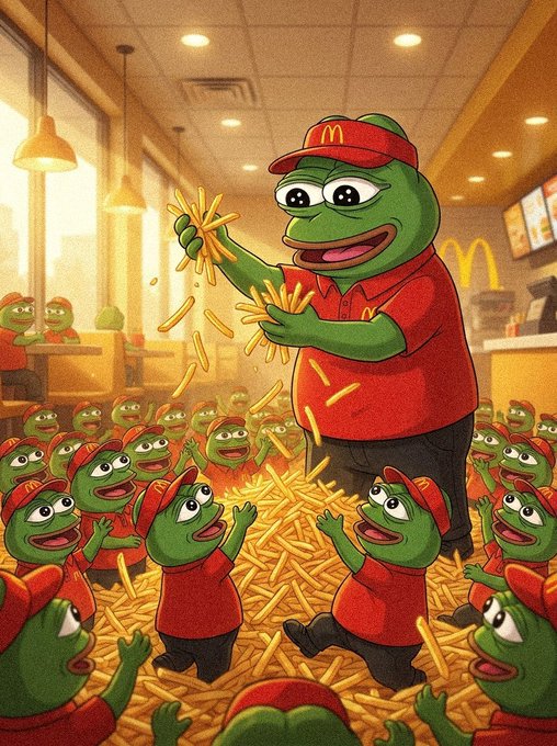 An illustrated scene of a frog character dressed as a McDonald's employee showering french fries onto a crowd of smaller frog characters in red uniforms inside a restaurant.
