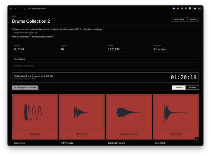 A screenshot of davis.worldcomputer.art showing the "Drums Collection 2" — an NFT collection of 1,104 onchain drum instrument tokens priced at 0.001 ETH, featuring waveforms like hyperkick, 1337 snare, backseat snare, and real tomb, with a mint opening countdown set for 9:00 PM on Thursday, July 16, 2026.