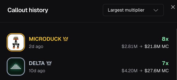 The image shows a "Callout history" panel sorted by "Largest multiplier," displaying two successful trading calls: MICRODUCK with an 8x gain (jumping from $2.81M to $21.8M market cap) 2 days ago, and DELTA with a 7x gain (from $4.20M to $27.6M market cap) 10 days ago. The image serves as evidence of the user's previous successful trading callouts, supporting their post about profitable public buys and their aim to achieve even larger 10-100x multipliers going forward.