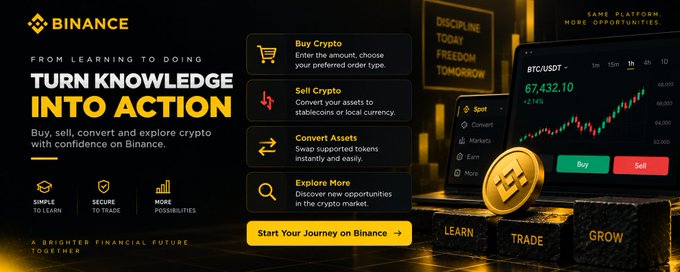 A Binance promotional banner featuring the headline "Turn Knowledge Into Action" highlights features like "Buy Crypto," "Sell Crypto," "Convert Assets," and "Explore More," alongside a laptop displaying a BTC/USDT chart priced at 67,432.10 with prominent "Buy" and "Sell" buttons. The image visually reinforces the post's message by showcasing Binance's straightforward spot trading tools, making it clear that beginners can simply start trading with basic market orders rather than complex strategies.
