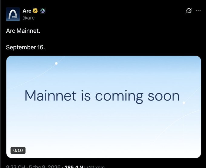 A social media post by Arc (@arc) announcing 'Arc Mainnet. September 16.' with an attached video thumbnail reading 'Mainnet is coming soon' with a 0:10 duration marker.