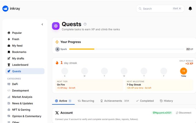 A screenshot of the 'inkray' website showing a 'Quests' page with progress tracking, including a 1-day streak, XP rewards, and navigation options for categories like DeFi, Development, and Market Analysis.