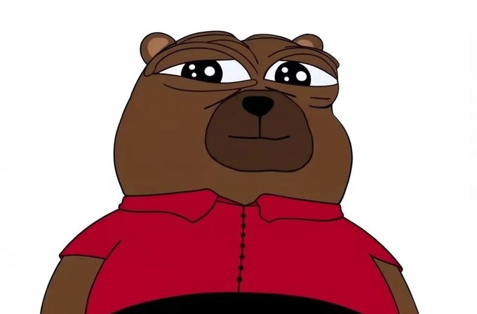 Cartoon illustration of a chubby brown bear character wearing a red collared shirt, featuring large expressive eyes with sparkling highlights.