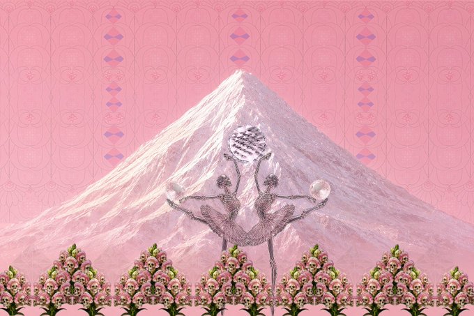 A symmetrical mirrored figure stands before a pink mountain backdrop, surrounded by a border of skulls and floral motifs and patterned with decorative columns, illustrating the ethereal concept of "The Geometry of the Hidden Mountain" as a pink diamond mountain. The artwork's mirrored composition and surreal symbolism visually echo the post's poetic description of a pure, reflected mountain touching the sky, with the offering noted as "+1 ed Minted" at 3.69 XTZ.