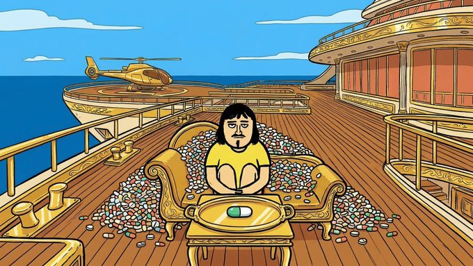 A cartoon illustration of a dejected character sitting on an ornate golden couch covered in scattered pills, with a helicopter on a yacht in the background.