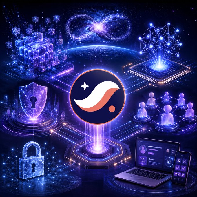 A vibrant digital graphic showcasing various technology icons including a shield, padlock, networked figures, laptop, smartphone, and blockchain cubes, with a central orange and white logo symbol.