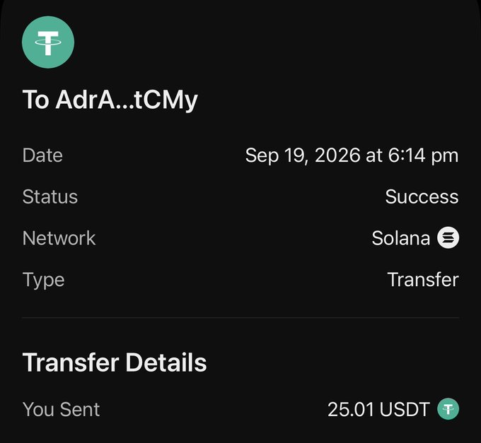 A screenshot of a successful Solana blockchain transfer confirmation showing 25.01 USDT sent to an address beginning with "AdrA...tCMy" on September 19, 2026, likely shared as proof of a payout to giveaway winner @DannyYhoung.
