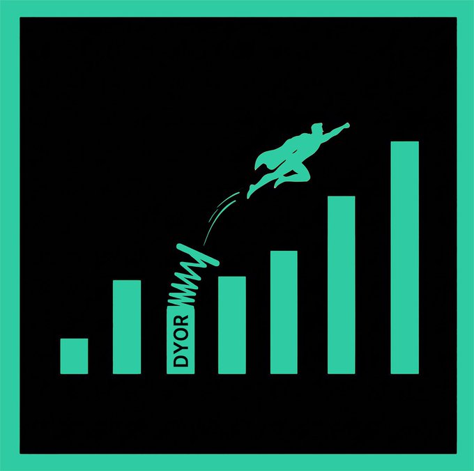 A teal-on-black graphic shows a superhero figure leaping over a rising bar chart, using a coiled spring labeled "DYOR" as a launchpad—symbolizing research-driven gains in crypto, fitting the post's "GM Bulba" greeting.