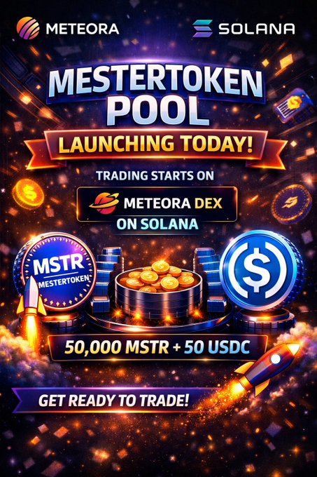 The image features a poster for the MesterToken Pool launch event, which is scheduled for tomorrow, June 13th at 2:00 PM. The poster includes various elements related to the pool's launch, such as coins, stars, and a rocket ship. It also highlights that the pool will be launching on Solana, with Meteora Dex being one of its partners. The post encourages users to join the launch event by providing details about how to participate in the liquidity pool.