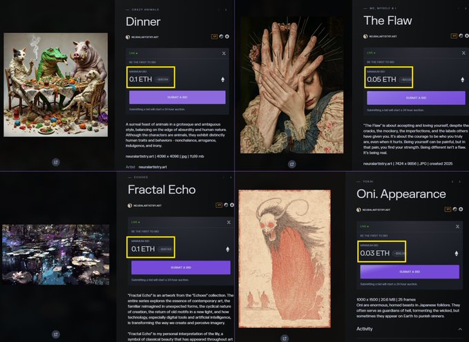 This image showcases several digital artworks from @TransientLabs, with prices highlighted, such as "Dinner" at 0.1 ETH and "The Flaw" at 0.05 ETH. The post indicates recent price adjustments on these 1/1 artworks.