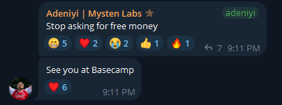 A Discord-style chat showing two messages from 'Adeniyi | Mysten Labs' (rated 'adeniyi'): 'Stop asking for free money' with 5 emojis and 1 reaction, followed by 'See you at Basecamp' with 6 heart reactions.