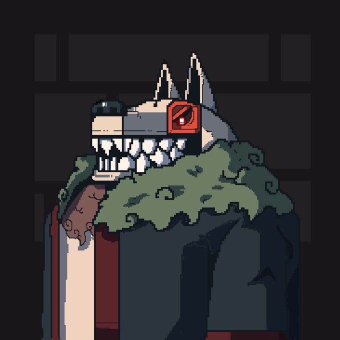 A pixel-art illustration shows a menacing character with sharp white fangs, pointed ears, and a green fur collar, with a red eye icon featuring a diagonal slash through it on its head—suggesting a stylized, villainous pirate or creature mascot. This eerie artwork ties into the giveaway post by branding the "RIFTHOOD" NFT raffle, where the dark, aggressive aesthetic likely represents the edgy theme of the RIFTHOOD collection being given away for free mint.
