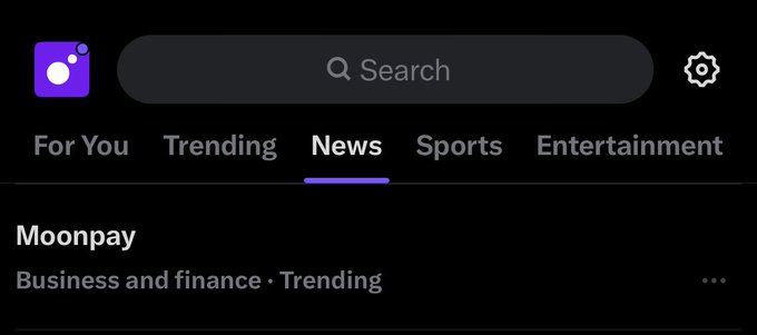 A screenshot of a Yahoo Finance app shows the company "Moonpay" trending under the Business and finance category in the News tab, with the caption correcting the common misspelling of "Moonpay" to its proper spelling, "MoonPay."