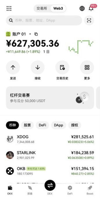 A screenshot of a cryptocurrency wallet app (OKX) showing an account balance of ¥627,305.36 with a daily increase of ¥11,649.86 (+1.89%), featuring portfolio holdings including XDOG, STARLINK, and OKB tokens.