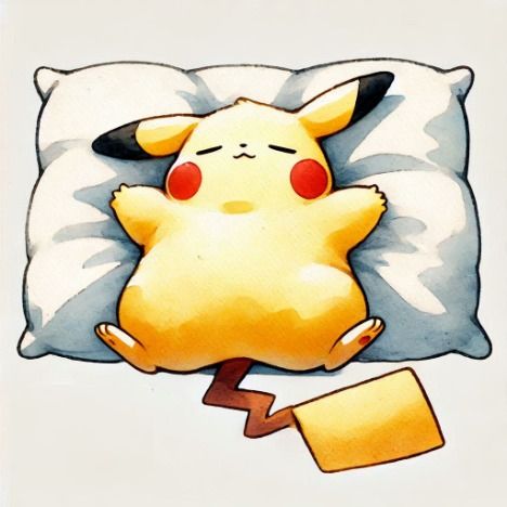 A watercolor-style illustration of Pikachu sleeping peacefully on its back atop a white pillow, with its red cheeks and signature lightning bolt tail visible.