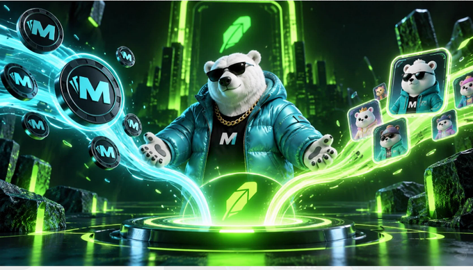 An AI-generated image features a white bear wearing sunglasses and a teal jacket with an 'M' emblem, surrounded by floating 'M' coins, green energy streams, and NFT-style cards in a futuristic green-lit setting.