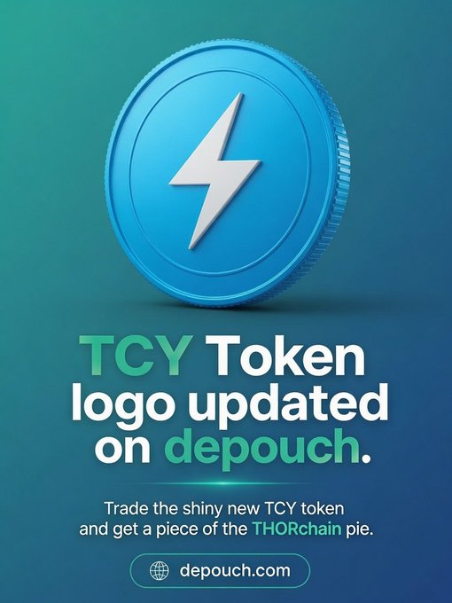 The TCY token logo has been refreshed on Depouch, showcasing a blue coin with a lightning bolt, and users can trade the new TCY token to claim a slice of the THORchain pie at depouch.com.