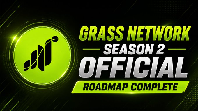 The image features a poster for a new app called "Grass Network" that has been officially completed by the Grass team. The poster displays the app's title, "Grass Network Season 2 Official Roadmap Complete", along with an image of the app logo and a description of its official completion.