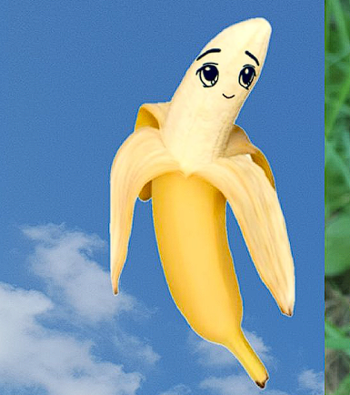 A peeled banana with an anime-style face drawn on it floats against a blue sky with clouds, with green foliage on the right side.