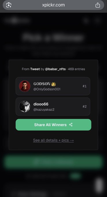 A screenshot from xpictr.com displays the winners of a Twitter giveaway contest by @babar_nfts, showing GODSON (@OnlyGodson001) as #1 and diooo66 (@kazuyakaz2) as #2, with a green "Share All Winners" button. The post celebrates these winners and invites them to DM for their prizes.
