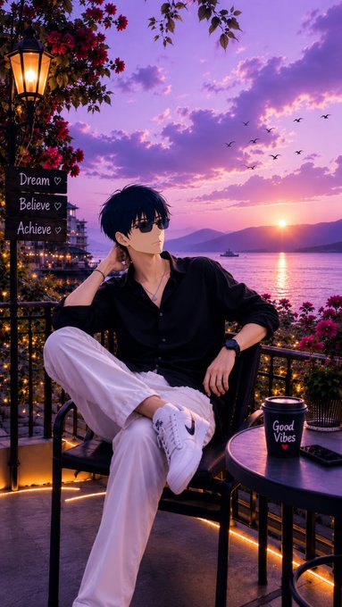 An anime-style illustration of a young man with dark hair and sunglasses sitting at a seaside café at sunset, with a sign reading 'Dream, Believe, Achieve' nearby.