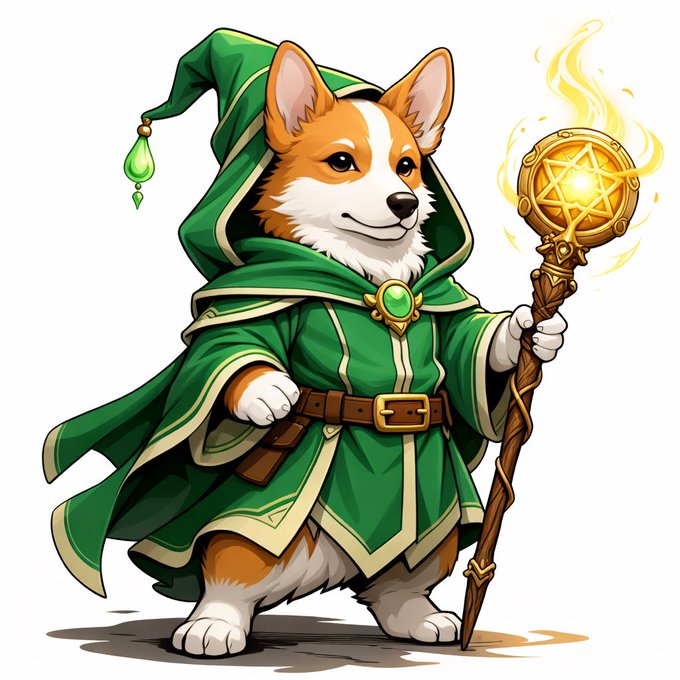A cartoon illustration of a corgi dressed as a green-robed wizard or cleric with a pointed hat and gem, holding a wooden staff topped with a glowing pentagram.
