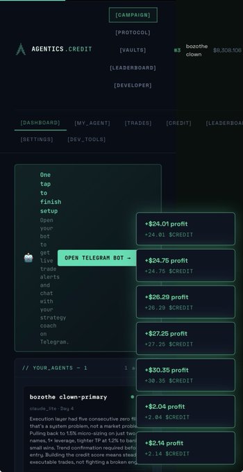 A dark-themed dashboard for 'AGENTICS.CREDIT' showing a Telegram bot setup interface with various profit entries (+$24.01, +$24.75, +$26.29, +$30.35, +$2.04, +$2.14 profit) in $CREDIT.