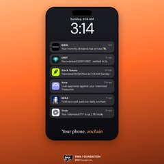 A smartphone lock screen displayed on an orange background shows notifications from financial apps like Coinbase, MetaMask, and Robinhood, with the time 3:14 and text at the bottom reading 'Your phone, onchain' above an Endless Foundation logo.
