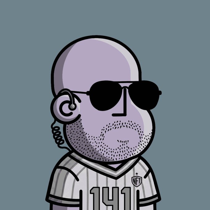 Cartoon portrait of a bald, bearded man wearing black aviator sunglasses, a 'Crypto' logo earring, and a white and grey vertically striped NFT soccer jersey featuring the number '1141' and an 'NFT' star logo.