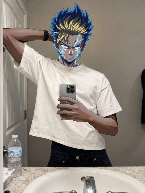 A mirror selfie showing a person wearing a white t-shirt and dark jeans, with their face edited to feature an anime character with spiky blue and yellow hair and lightning effects.