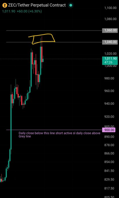A candlestick chart of the ZEC/Tether Perpetual Contract shows price at 1,011.90 (+6.30%), with hand-drawn annotations marking a potential resistance zone near the 1,040–1,060 levels (grey lines) and a key pink line at 900, indicating a short entry trigger if a daily close occurs below it.