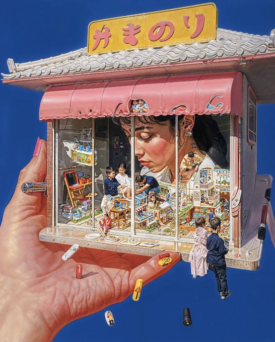 A surreal collage showing a large hand holding a miniature Japanese storefront with a sign reading 'みきのり', revealing tiny children playing with miniature dollhouses and toys inside the shop window.