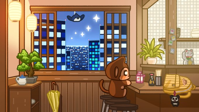 A cartoon illustration shows a monkey sitting at a sushi restaurant counter at night, with a ninja flying past the window and a lantern featuring the Skeleton King's emblem.