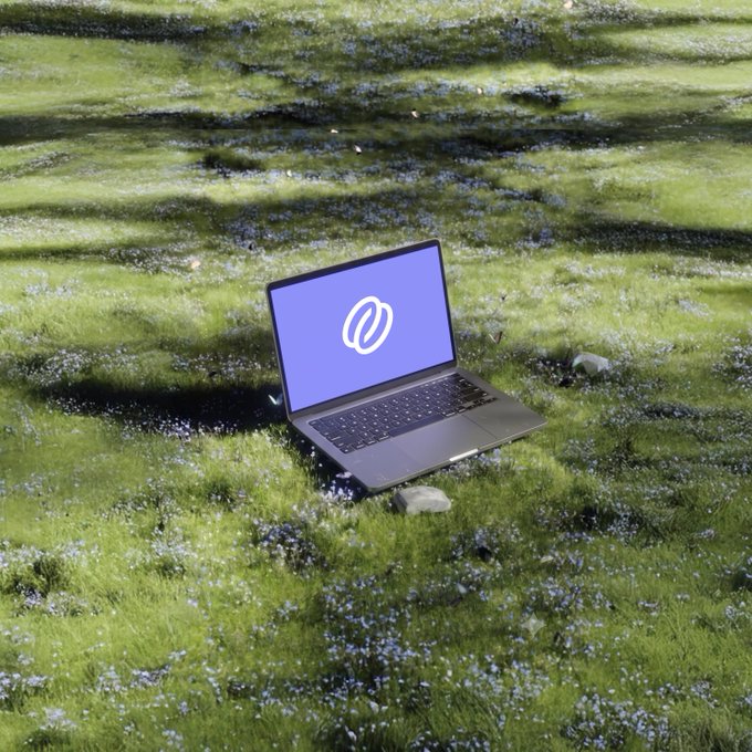 A laptop displaying a blue screen with a circular logo rests in a lush green field scattered with small wildflowers, playfully answering the "touching grass" challenge by bringing the outdoors directly to the screen.