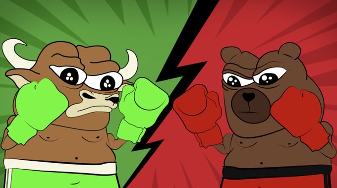 Cartoon illustration depicting two anthropomorphic fighters facing off in a boxing match: a green-gloved bull on the left versus a red-gloved bear on the right, separated by a lightning bolt symbol.