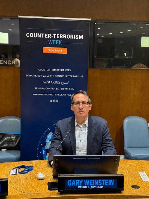A man sits at a desk at a UN Counter-Terrorism Week side event, with a nameplate identifying him as "GARY WEINSTEIN, INFINITY ADVISORY." The image visually supports the post's message by showing him advocating for Zcash at the United Nations, lending institutional credibility to the argument that privacy should be built into on-chain financial infrastructure from the start rather than treated as an optional feature.