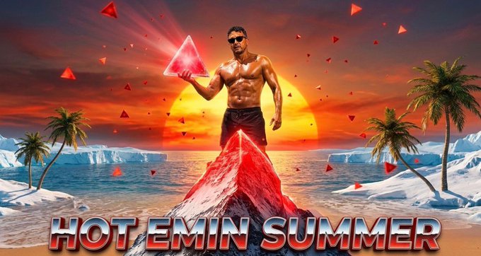 The image features a man standing on top of a mountain, holding a triangle-shaped object that appears to be red or pink. The background shows a beach scene with palm trees and an ocean view. The caption for the image reads "HotEminSummer: The Meme Taking Over Avalanche Right Now If you’ve spent any time on crypto Twitter lately, you’ve probably seen shirtless, suspiciously muscular images of Avalanche founder Emin Gün Sirer flooding your timeline". This suggests that the image is related to a meme or trend involving the man holding the triangle-shaped object.