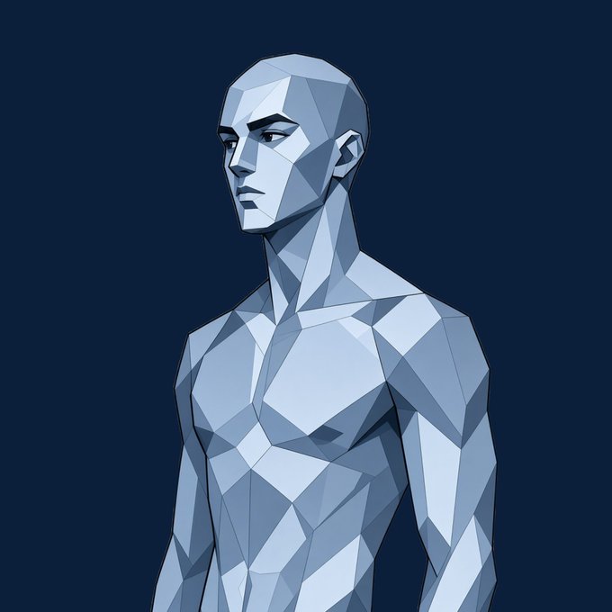 A faceless humanoid composed entirely of blue geometric facets stands against a dark background, embodying a cold, anonymized digital aesthetic that fits the NFT giveaway post's crypto/blockchain theme. The lack of identity on the figure visually reinforces the giveaway's focus on wallet addresses and decentralized participation rather than personal branding.