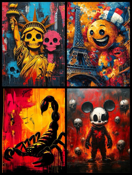 A four-panel artistic collage featuring pop culture and landmark imagery: a skull-styled Statue of Liberty, a smiling face in front of the Eiffel Tower, a scorpion against a red background, and a Mickey Mouse-like character surrounded by skulls.