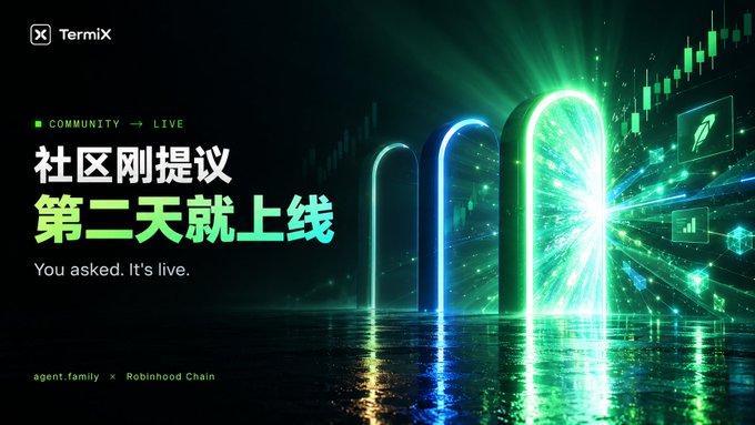 A promotional banner for TermiX with Chinese text '社区刚提议 第二天就上线' (You asked. It's live.) and 'agent.family x Robinhood Chain', featuring green and blue glowing futuristic portals.