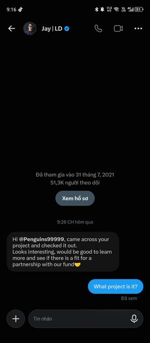 A mobile screenshot of a Twitter DM conversation in Vietnamese from user 'Jay' reading, 'Hi @Penguins99999, came across your project and checked it out. Looks interesting, would be good to learn more and see if there is a fit for a partnership with our fund', with the reply 'What project is it?'