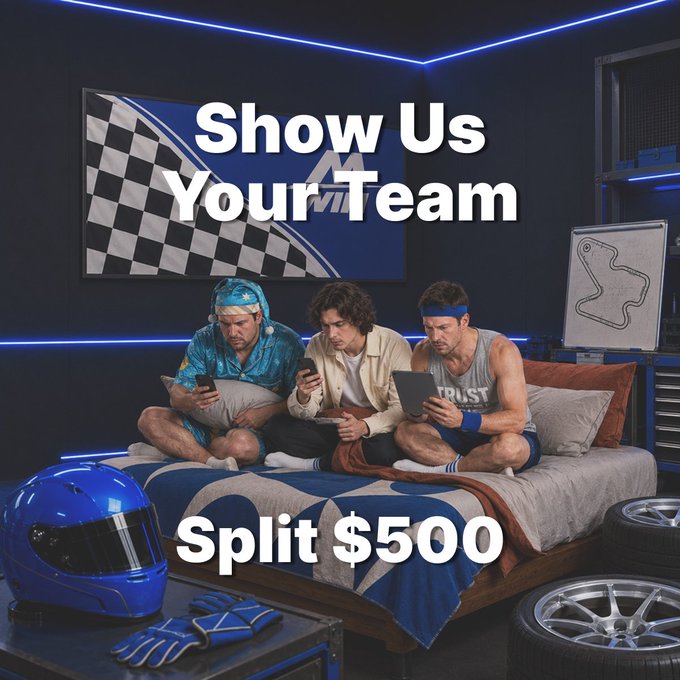 Promotional image showing three men on a bed with racing/motorsport themed decor, with text "Show Us Your Team - Split $500" and racing flags, helmet, and tires.