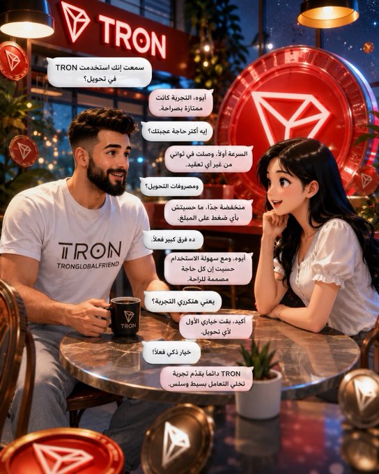 An AI-generated illustrated scene of a man wearing a 'TRON TRONGLOBALFRIEND' shirt sitting at a café table with an anime-style woman, with Arabic dialogue bubbles praising TRON and its founder Justin Sun.