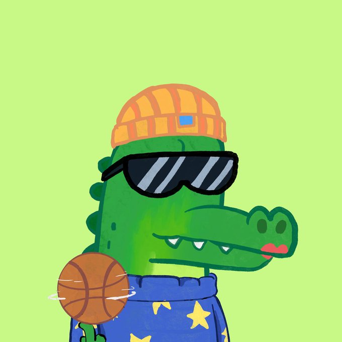 Cartoon illustration of an anthropomorphic green alligator or crocodile wearing a yellow beanie, dark sunglasses, and a blue hoodie with yellow stars, holding a basketball against a green background.