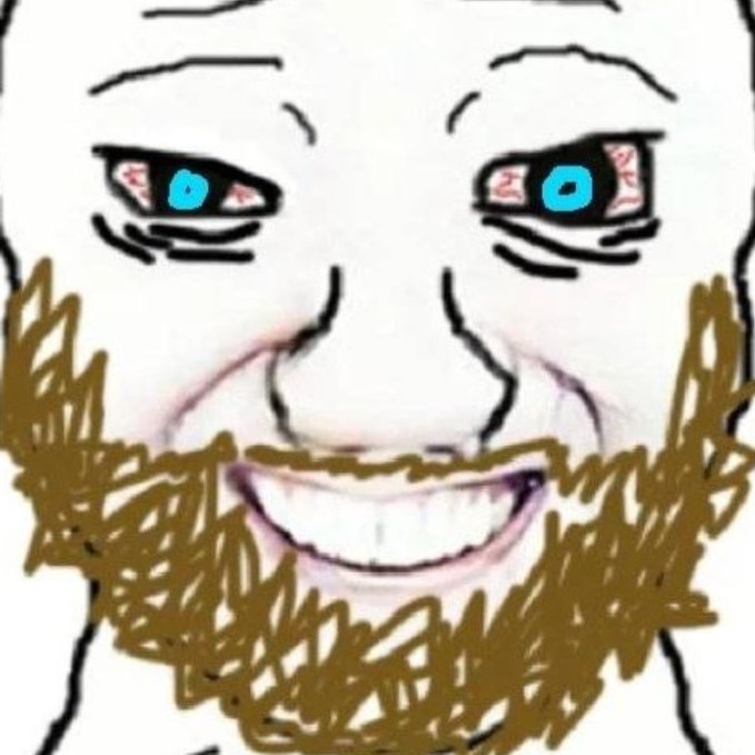 A crudely drawn "Soyjak" meme face with a wide, toothy grin and intense blue eyes, paired with an overgrown beard, humorously illustrates the mocking excitement of telling someone to "take profits" during market gains.