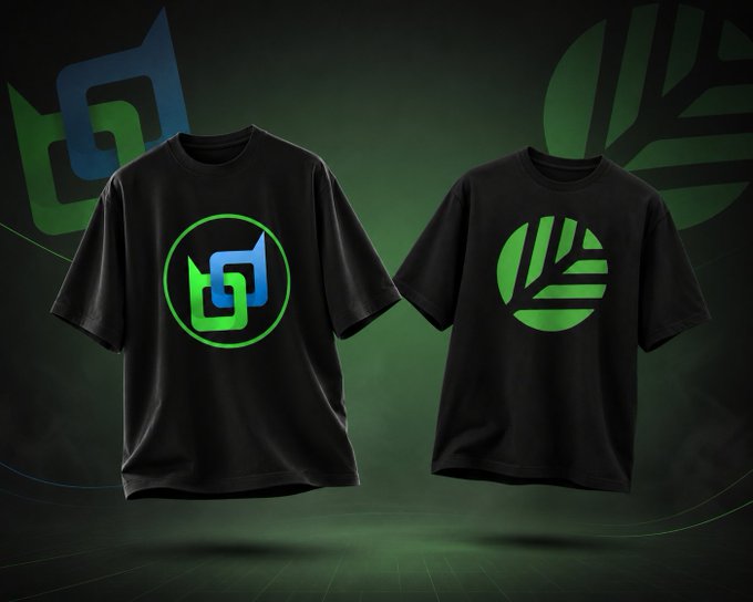 Two black t-shirts displayed against a green and black branded background, with the left shirt featuring a blue and green interlocking logo design and the right shirt featuring a green leaf logo design.