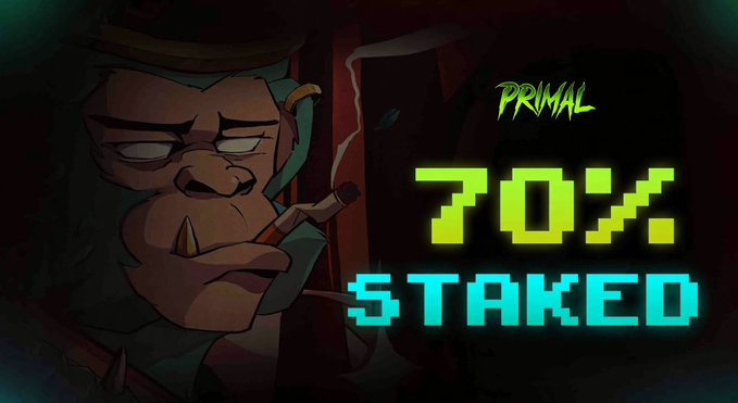 A graphic featuring a cartoon character smoking with the neon text 'PRIMAL', '70%', and 'STAKED'.