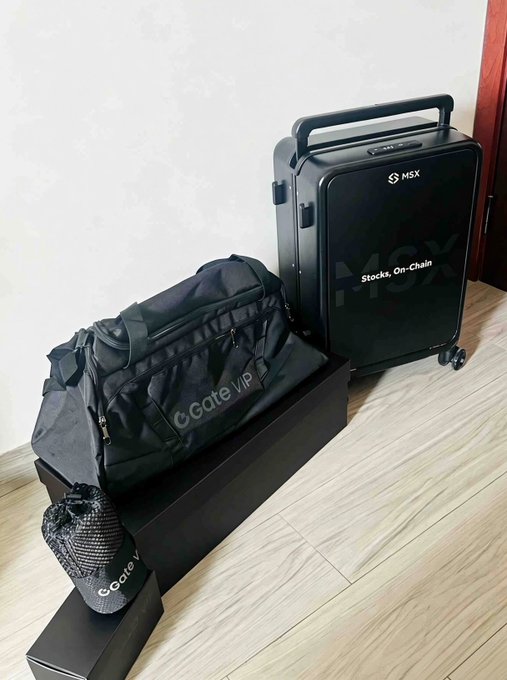 A black rolling suitcase branded 'MSX' next to a black duffel bag labeled 'GCate VIP', both resting on a box in a room with wooden flooring.